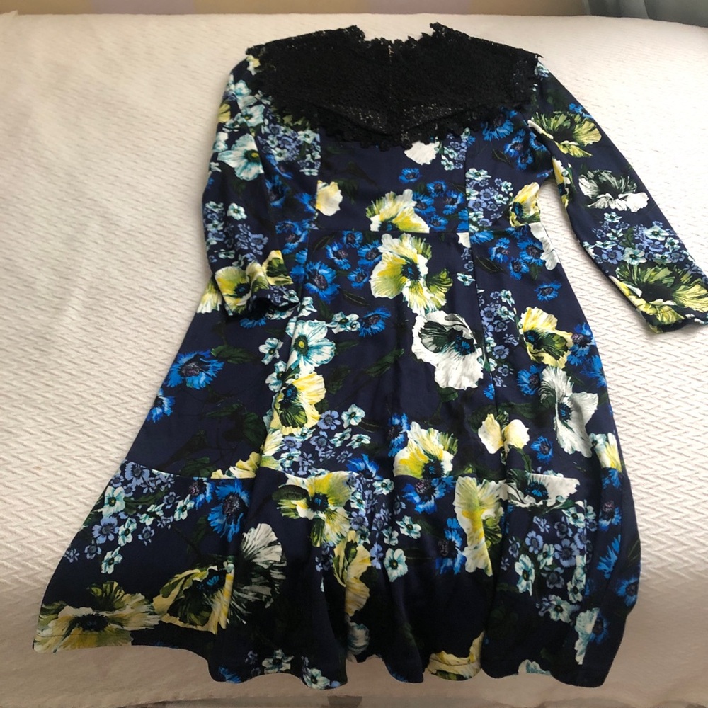 Gorgeous Erdem Dress Dark Floral Sheath Flounce w/ Lace Top inset 3/4 slv 12